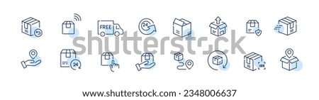 Set of delivery related icons. Free return, address, contactless delivery, 24 hour service etc. Pixel perfect, editable stroke icon