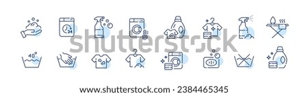 Set of laundry tag icons. Hand and machine service. Stain removing soap. Pixel perfect