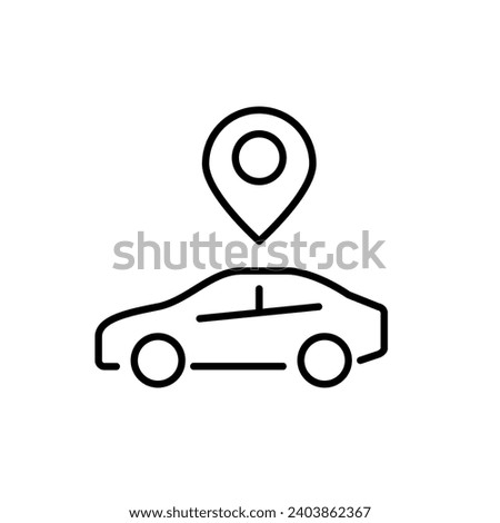 Car with map pointer over it. Car sharing, rent and taxi location. Pixel perfect, editable stroke