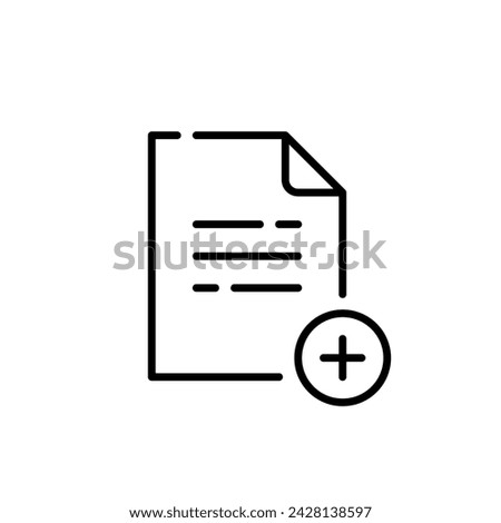 Line drawing of a piece of paper with a plus sign next to it. Pixel perfect, editable stroke icon