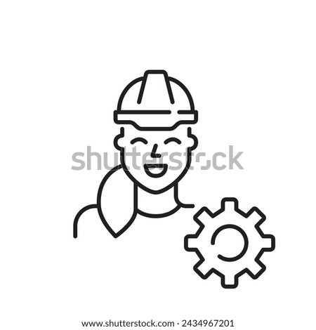 Woman wearing hard hat and cogwheel vector icon. Female representation in engineering and construction professions