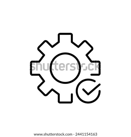 Cogwheel and checkmark. Completion and approval of tasks, configurations, settings in systems or software. Vector icon