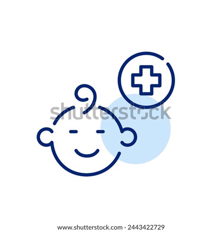 Baby face and medical cross. Pediatric healthcare, childcare service, specialized medical care for infants. Vector icon