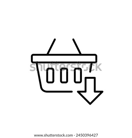 Shopping basket with arrow pointing down. Saving items for later, offline purchase viewing. Pixel perfect vector icon