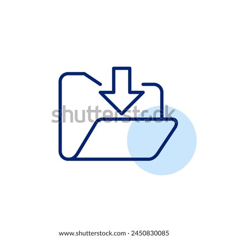 Open folder with arrow pointing down. Download files stored within the folder. File storage and access. Vector icon