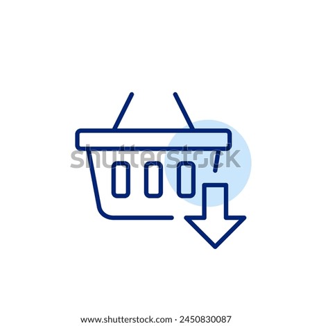 Shopping basket with arrow pointing down. Saving items for later, offline purchase viewing. Pixel perfect icon