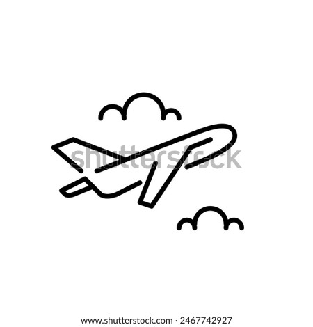 Commercial airplane climbing between clouds. Joy of flying and traveling. Editable stroke vector icon