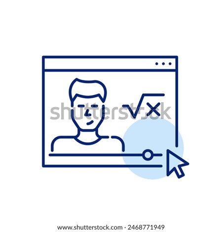 Educational maths male video blogger. Square root and x. Virtual lectures, distance learning opportunities. Pixel perfect, editable stroke vector icon