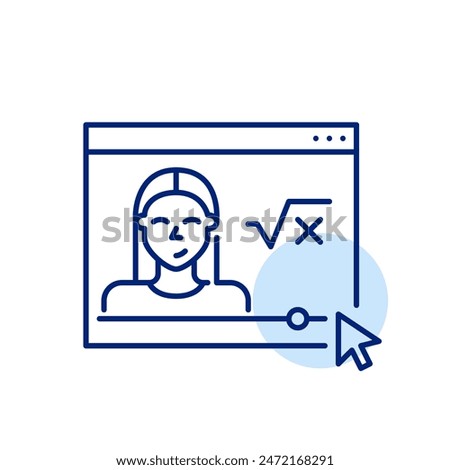 Educational maths female video blogger. Square root and x. Virtual lectures, distance learning opportunities. Vector icon