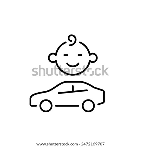 Car and baby face. Family road trip, car seat safety, parental alert. Pixel perfect vector icon