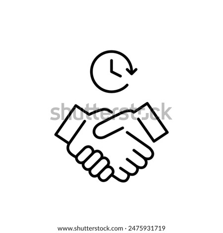 Handshake and clock. Scheduled business meeting. Time-bound agreement with deadline. Pixel perfect vector icon