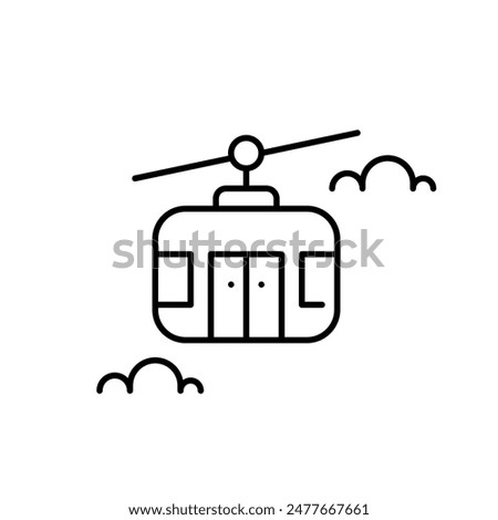 Cable car transportation. Gondola in sky with clouds. Recreational winter sports, holidays and vacations. Vector icon