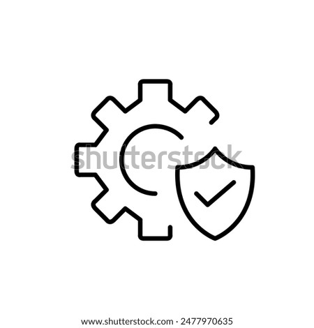 Cogwheel, shield and checkmark. Protected innovation and security engineering. Pixel perfect vector icon