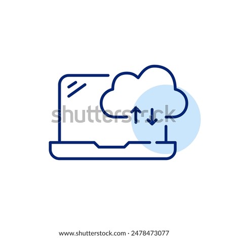 Seamless cloud connectivity, digital file management. Laptop, cloud with arrows up and down. Pixel perfect vector icon