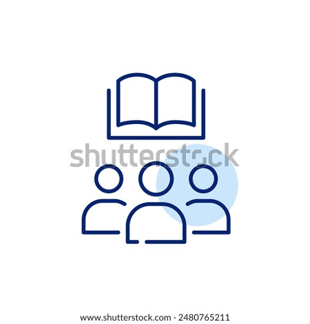 Group of people and open book. Collective learning, group study or book club. Library or book store. Pixel perfect icon