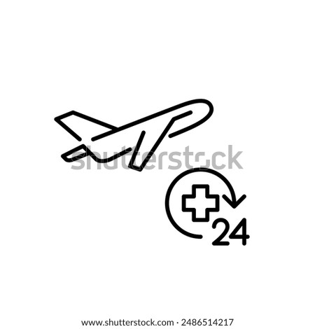 Airplane taking off and 24 hour medical cross symbol. Emergency travel assistance. Comprehensive health care. Pixel perfect vector icon