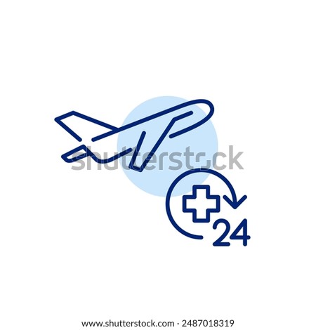 Airplane taking off and 24 hour medical cross symbol. Emergency travel assistance. Comprehensive health care. Pixel perfect, editable stroke icon