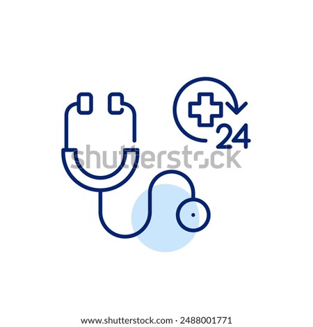 24 7 medical support. Cross and stethoscope. Doctor on call, healthcare assistance. Pixel perfect, editable stroke icon