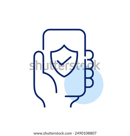 Hand holding phone, shield and checkmark. Mobile device protection. Secure phone usage. Pixel perfect, editable stroke icon