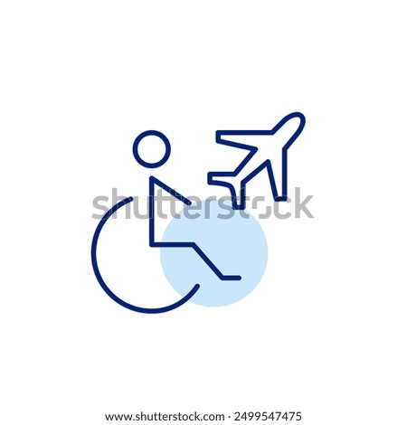 Person in wheelchair and airplane. Flight accessibility, inclusive travel. Pixel perfect, editable stroke icon