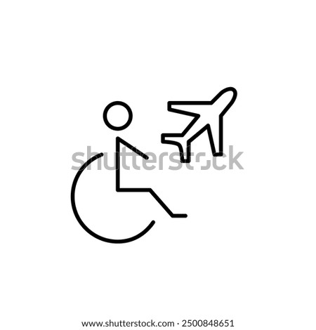 Person in wheelchair and airplane. Flight accessibility, inclusive travel. Pixel perfect vector icon