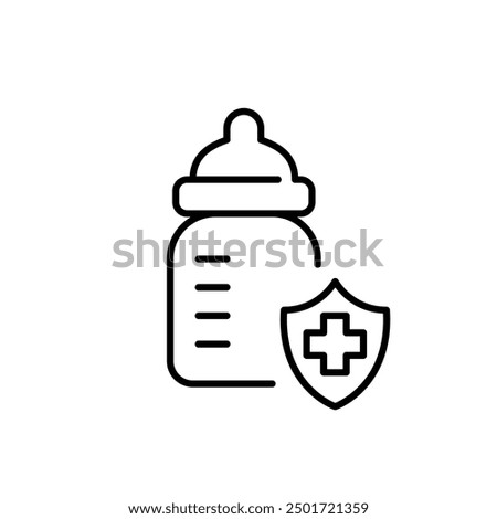 Baby bottle, shield with medical cross signifying healthcare insurance. Healthy baby food. Pixel perfect vector icon