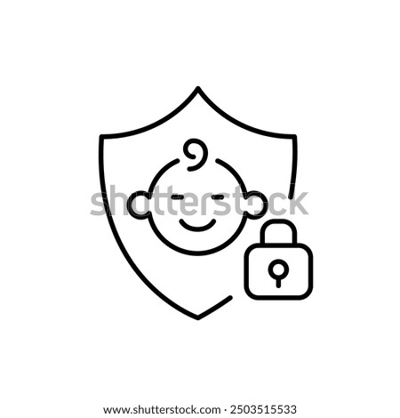 Safe baby zone. Shield, infant face and lock. Security for toddlers. Pixel perfect vector icon