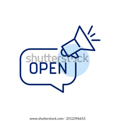 Speech bubble with open message on it and megaphone. Public announcement for new business or open house. Pixel perfect, editable stroke icon