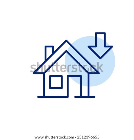 House and arrow down. Real estate prices, housing market and mortgage rates declining. Pixel perfect, editable stroke icon