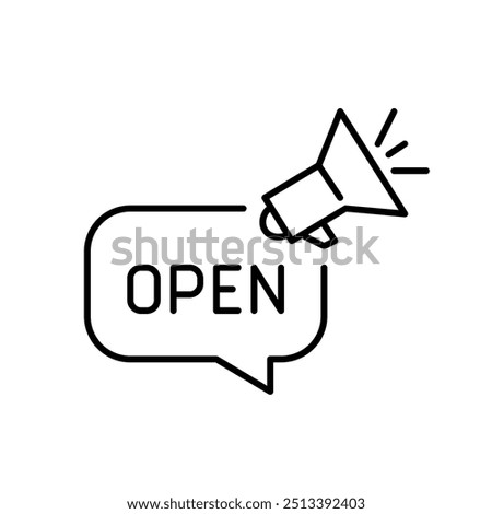 Speech bubble with open message on it and megaphone. Public announcement for new business or open house. Pixel perfect vector icon