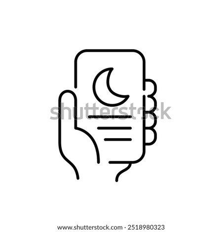 Hand holding smartphone with text reader and moon on screen. Dark mode, night theme. Pixel perfect vector icon