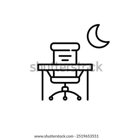 Office desk and chair with crescent moon symbol. Late night, working overtime. Pixel perfect vector icon