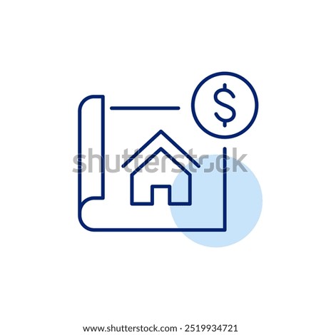 House blueprint and dollar sign. Property value, cost of construction plan, real estate investment and evaluation. Pixel perfect, editable stroke icon