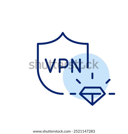 Diamond and VPN shield. Top-tier protection for personal and financial information. Premium account. Pixel perfect vector icon