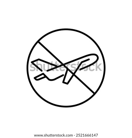 Crossed airplane symbol. Cancelled or suspended flights, no flight zone. Pixel perfect, editable stroke icon