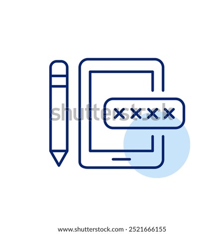 Electronic tablet with pencil and password input box. User verification to access digital content or apps on mobile devices. Pixel perfect vector icon