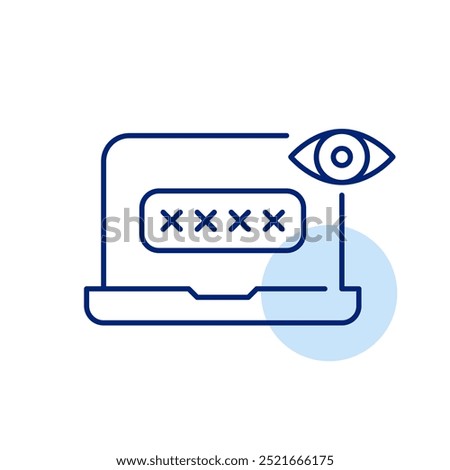 Laptop with password input box and eye. Secure computer data access. Visibility of password entry. Pixel perfect vector icon