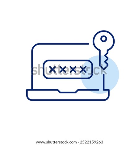 Laptop with password input box and key. Secure data access, computer user login. Pixel perfect vector icon