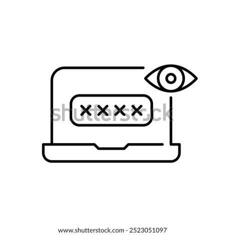 Laptop with password input box and eye. Secure computer data access. Visibility of password entry. Pixel perfect, editable stroke icon