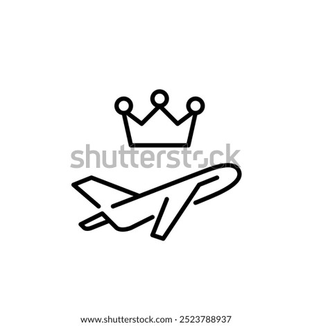 Airplane and crown. Premium travel ticket. Top-tier services, upgrades, or priority boarding for frequent flyers. Pixel perfect, editable stroke icon