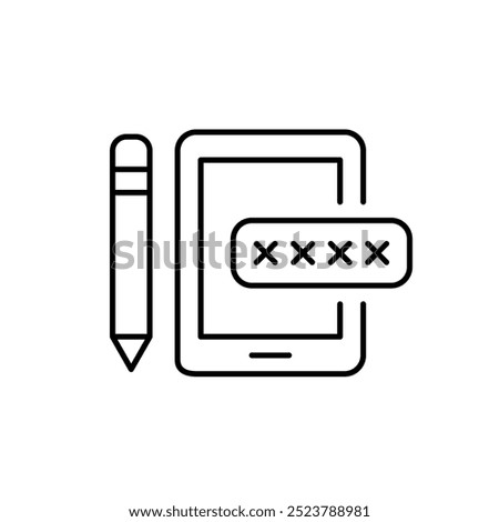 Electronic tablet with pencil and password input box. User verification to access digital content or apps on mobile devices. Pixel perfect, editable stroke icon