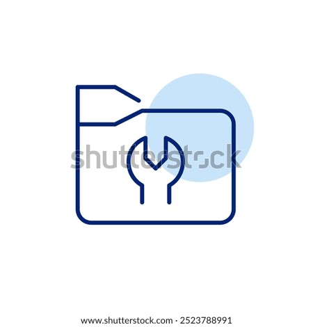 Folder with wrench. Files under maintenance or repair. Tools for systems configuration and management. Pixel perfect vector icon