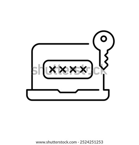 Laptop with password input box and key. Secure data access, computer user login. Pixel perfect, editable stroke icon