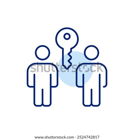 Two users and key between them. Shared access to secure information and platforms. Pixel perfect vector icon