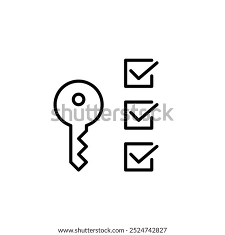 Key and checklist. Secure access, task verification. Pixel perfect, editable stroke icon