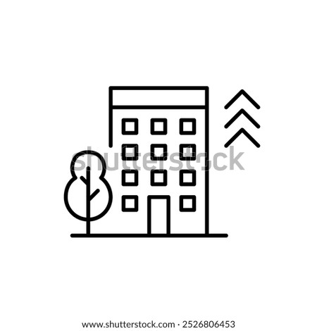 Apartment building with arrows up. High-rise property development and successful investment, growth of residential areas. Pixel perfect, editable stroke icon