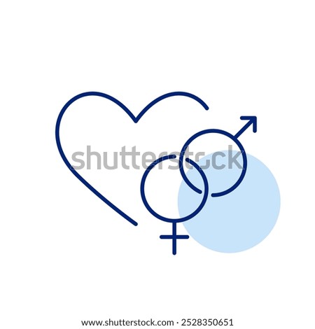 Male and female symbol intertwined and heart. Dating app, romantic relationships and marriage. Pixel perfect vector icon