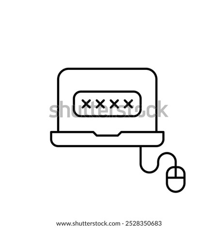 Password covered by asterisks in input box. Laptop with computer mouse connected to it. Secure account access. Pixel perfect, editable stroke icon