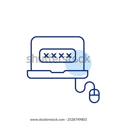 Password covered by asterisks in input box. Laptop with computer mouse connected to it. Secure account access. Pixel perfect vector icon