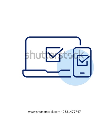 Laptop and smartphone with checkmarks. Seamless synchronization across devices. Secure and confirmed connections between platforms. Pixel perfect vector icon